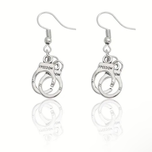 Earrings, Silver tone, Freedom Handcuff Design, NEW, Freedom Shackles, UNISEX - Picture 10 of 10